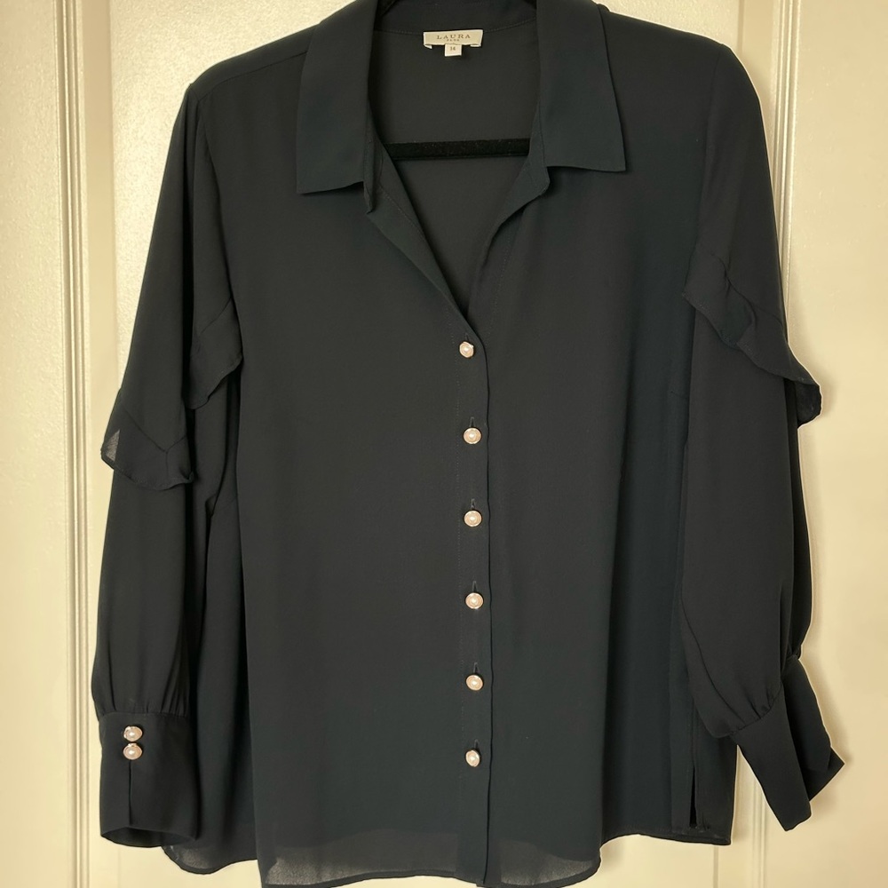 Black Pearl-Button Chiffon Blouse